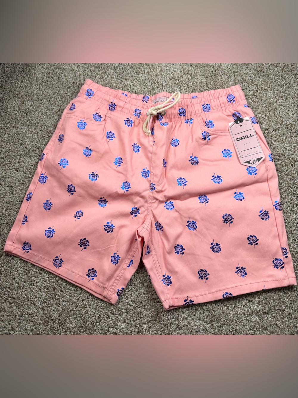 Drill Clothing Co Pink Rose Print Drawstring Shorts Mens Large NWT